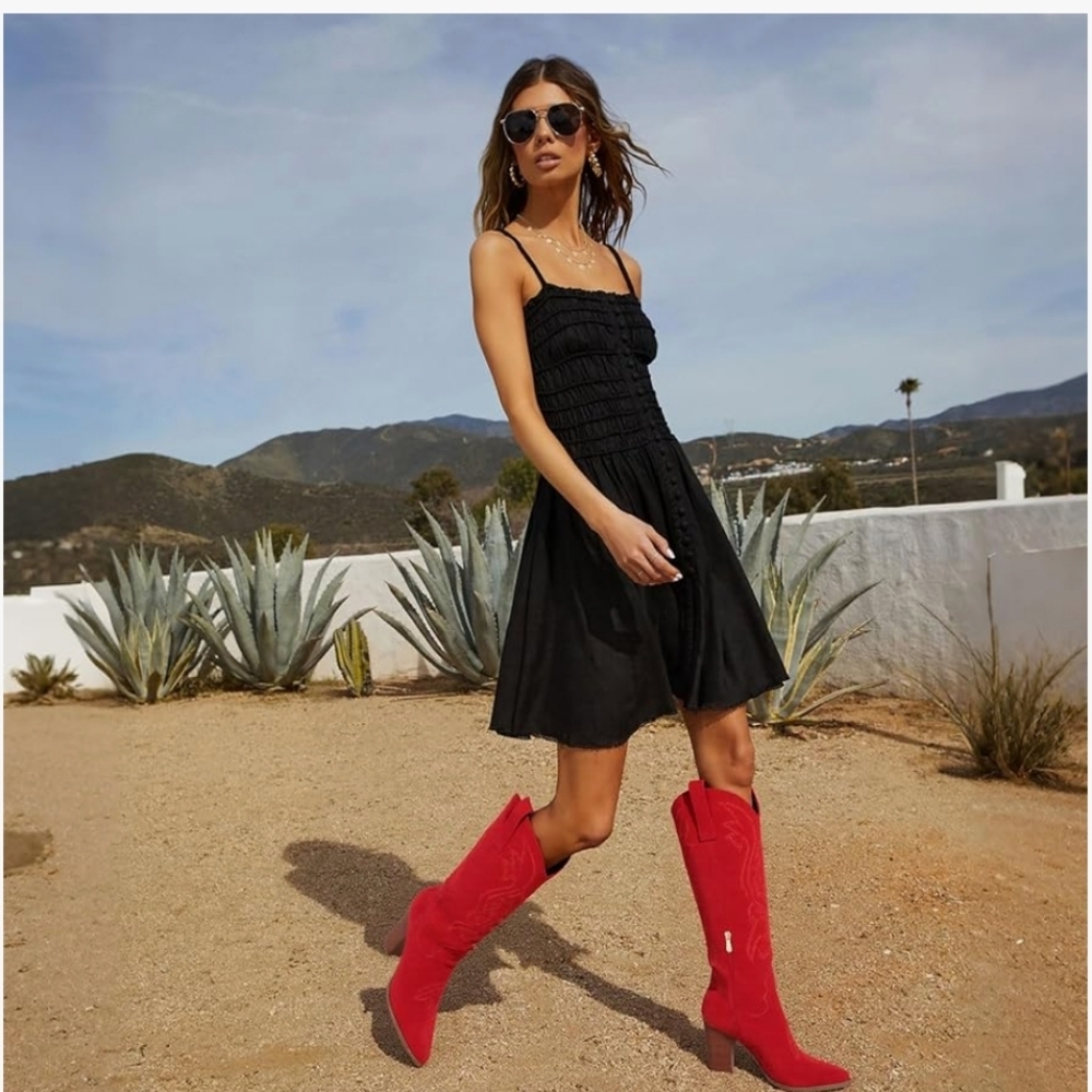 Red Suede Knee-High Boots - Picture 7 of 16